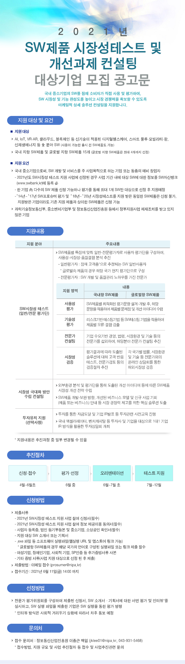 2021년 SW제품 시장성테스트 및 개선과제 컨설팅 대상기업 모집 공고문
