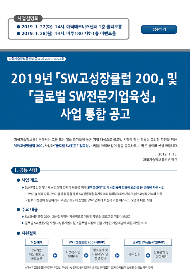 2019년도 SW고성장 클럽 200 사업 공고 이미지 1 자세한 내용은 위에 기입 